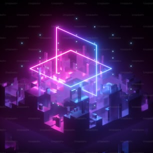 3d render, neon abstract background, geometric shapes in ultraviolet, virtual blueprint, pink blue violet glowing light, glitch effect, cybernetic system, digital grid, futuristic computing technology