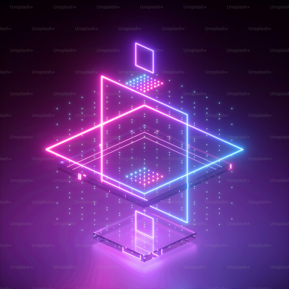 Rendu 3D, arrière-plan abstrait néon, formes géométriques dans l’ultraviolet, grille numérique, plan virtuel, lumière brillante bleue rose, effet glitch, système cybernétique, technologie informatique futuriste