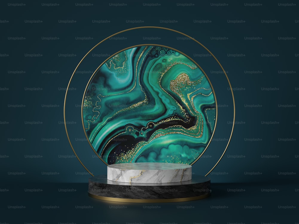Render 3D, fondo abstracto de mármol verde art deco, losa de ágata redonda, textura de mármol, lámina de oro. Pedestal cilíndrico, podio, stand de exhibición. Maqueta minimalista de lujo