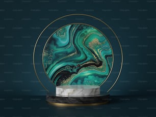 3d render, abstract art deco green marble background, round agate slab, marble texture, gold foil. Cylinder pedestal, podium, showcase stand. Luxury minimal mockup