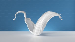 3D-Darstellung eines weißen Flüssigkeitsspritzers auf blauem Hintergrund. Milch spritzende Cliparts, Getränke, Designelemente, wellenförmige Düsen. Modernes, minimalistisches Design