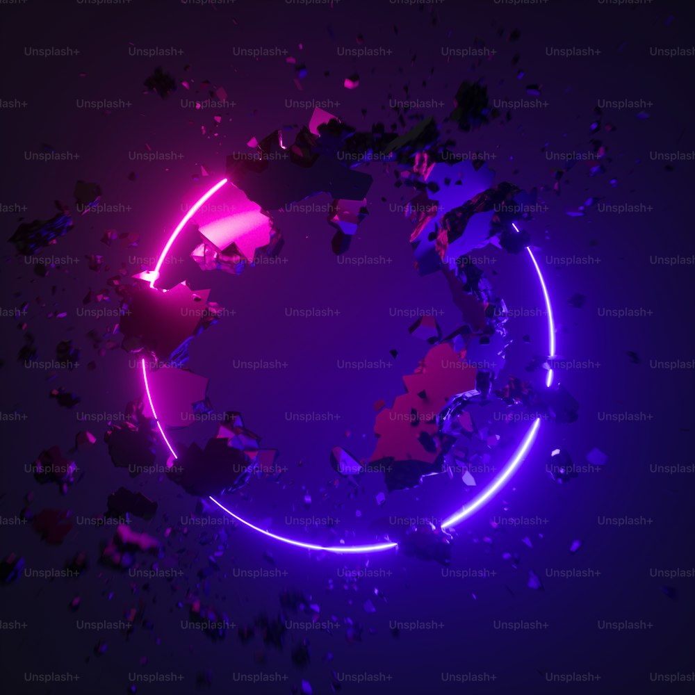3d render, abstract modern geometric background, violet pink neon light, glowing ring, blank round frame, broken concrete pieces levitating, rocks flying, wall debris. Minimal futuristic space concept