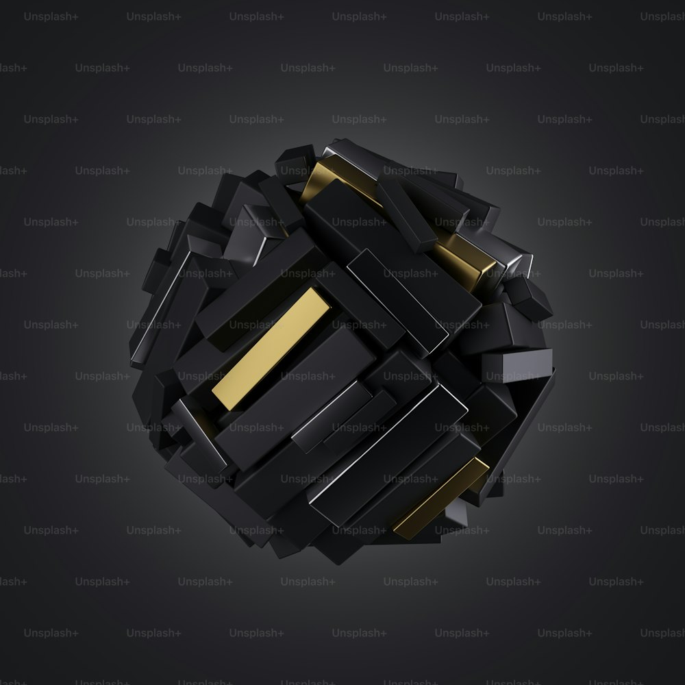 Sfera magnetica 3D combinata di forme cubiche geometriche miste di cromo metallico e oro isolate su sfondo astratto nero, pila di blocchi, oggetto primitivo, design futuristico minimale