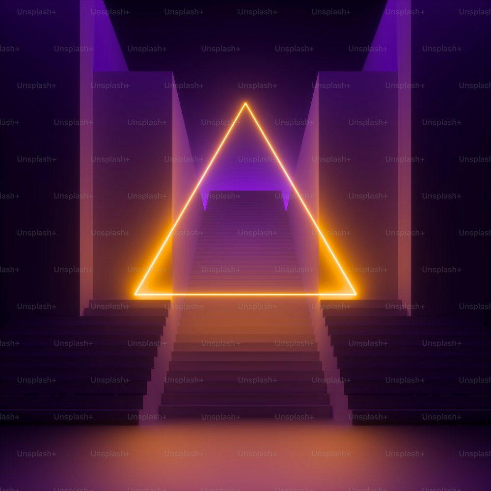 Rendu 3D, fond violet minimal moderne abstrait, triangle lumineux néon jaune, cadre triangulaire vierge. Perspective escalier vide, entrée portail architectural. Concept urbain futuriste