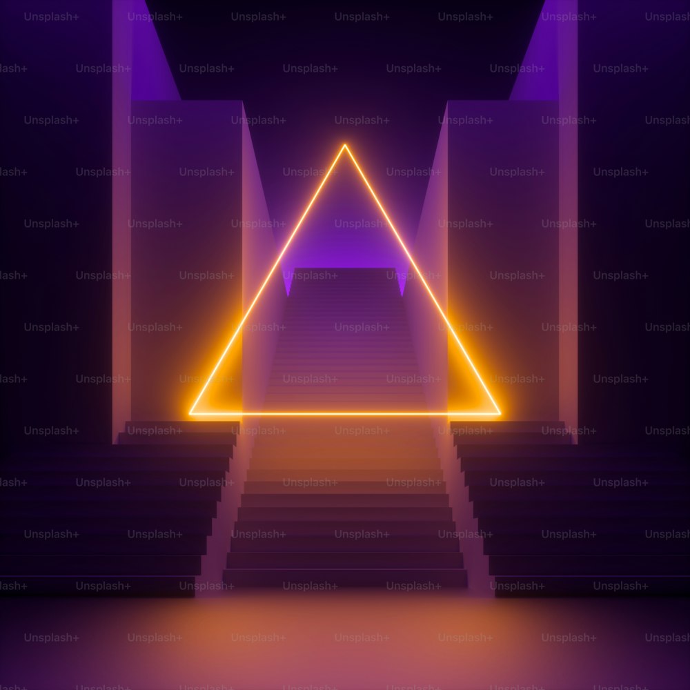 3d render, abstract modern minimal violet background, yellow neon light glowing triangle, blank triangular frame. Empty staircase perspective, architectural portal entrance. Futuristic urban concept