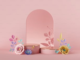 Render 3D, sfondo rosa astratto con decorazioni floreali. Podio vuoto, fiori di carta colorati, arco a tutto sesto. Fashion design di lusso. Acquista vetrina prodotto display palcoscenico piedistallo vuoto. Modello di poster vuoto