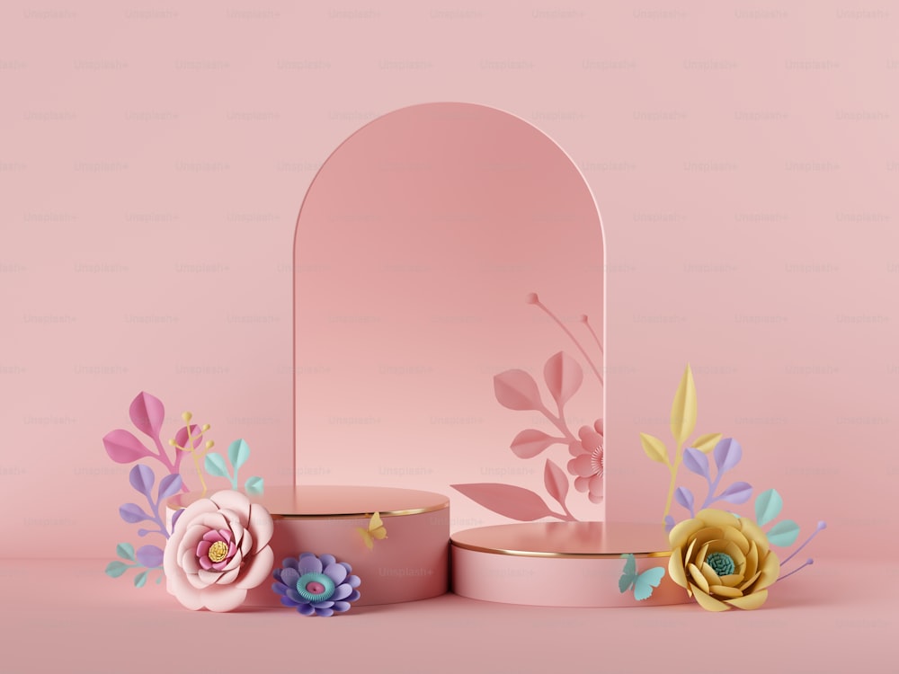 3d render, abstract pink background with floral decor. empty podium, colorful paper flowers, round arch. Luxury fashion design. Shop showcase product display vacant pedestal stage. Blank poster mockup
