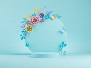 Renderização 3D, fundo floral azul abstrato. Tábua redonda com flores de papel coloridas, arco botânico. Vitrine de exibição de produtos da loja, pódio vazio, pedestal vago, palco redondo. Maquete de pôster em branco