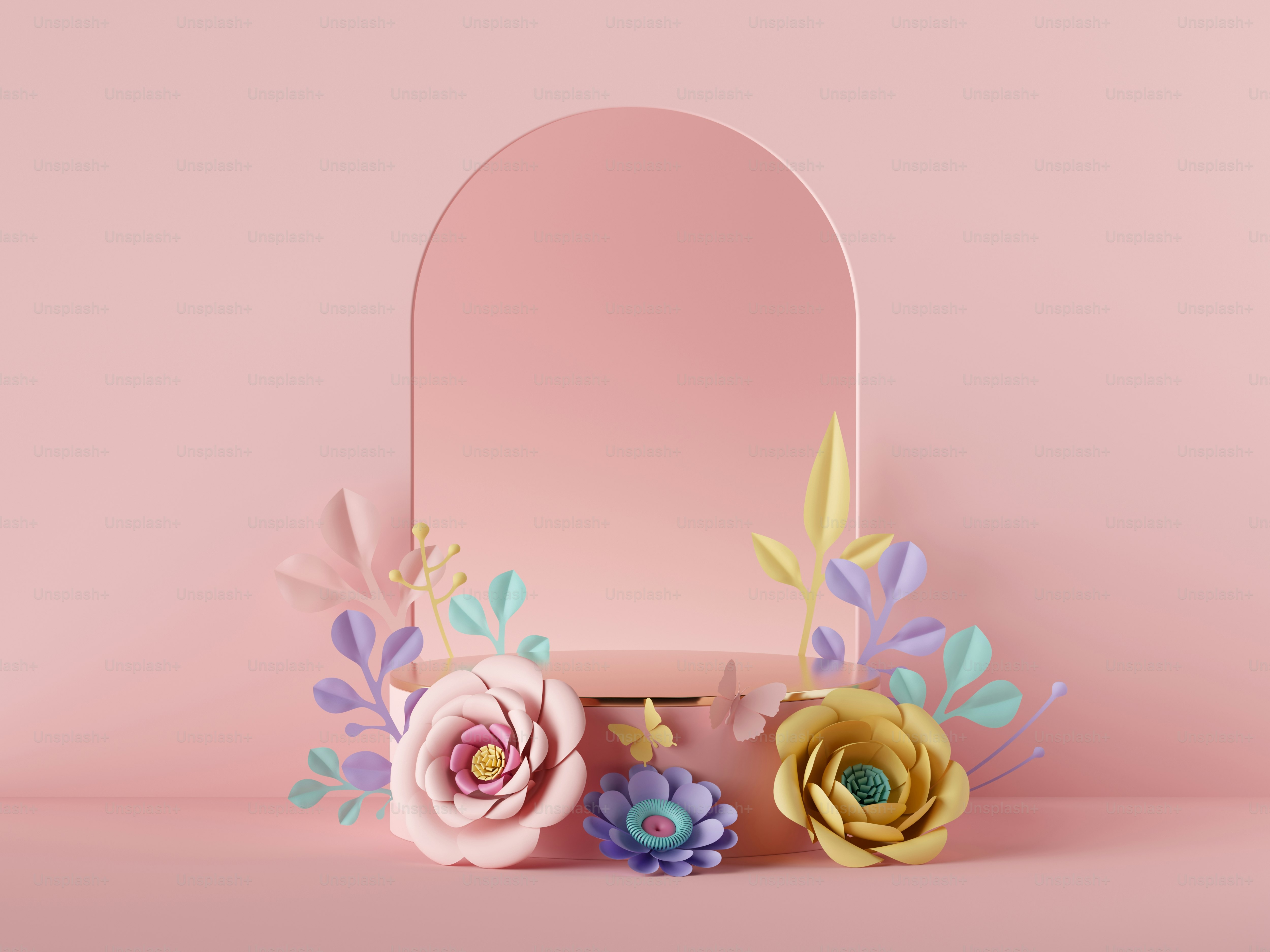Renderizado 3D, fondo rosa abstracto. Podio vacío decorado con coloridas flores de papel, diseño de moda. Escaparate de exhibición de productos de la tienda, pedestal vacío, escenario redondo, arco floral. Maqueta de póster en blanco