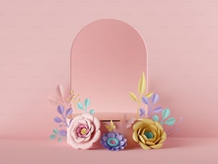 3d 렌더링, 추상 분홍색 배경. 화려한 종이 꽃, 패션 디자인으로 장식 된 빈 연단. 상점 제품 진열장, 빈 받침대, 둥근 무대, 꽃 아치. 빈 포스터 모형