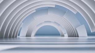 Render 3D, fondo minimalista abstracto con arcos redondos blancos.