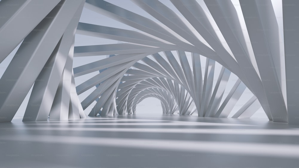3d 렌더링, 추상적인 미래 배경. 일광이 있는 흰색 나선형 터널.