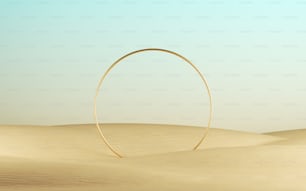 3d render, golden ring round frame on a desert landscape, abstract modern minimal background. Showcase with space for product presentation