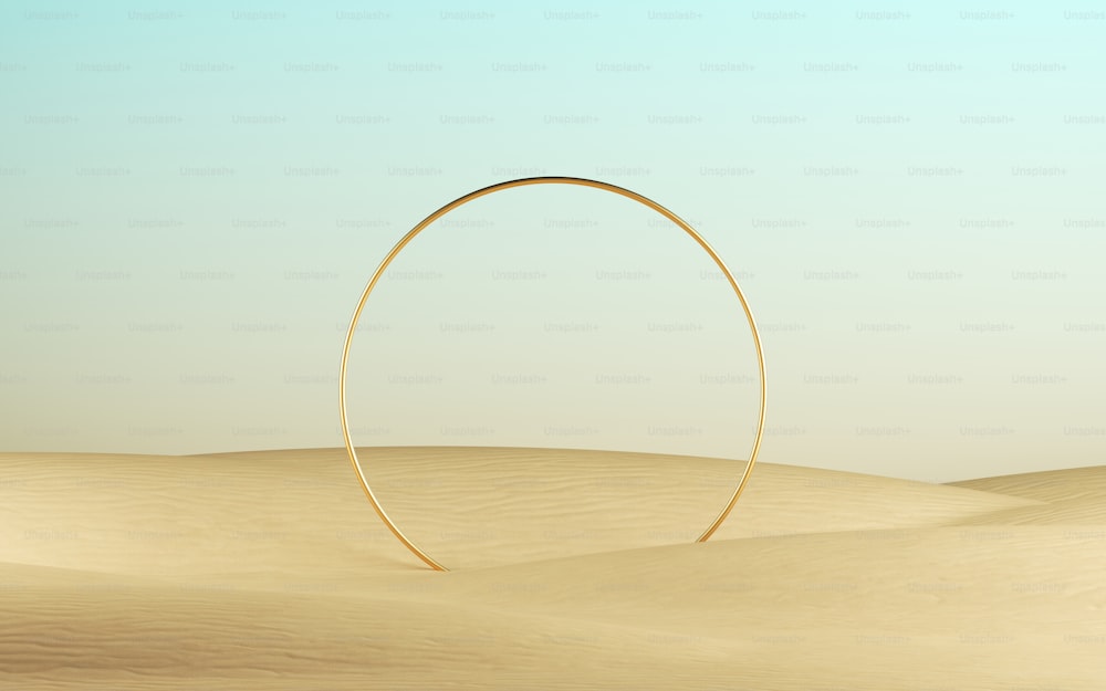 3d render, golden ring round frame on a desert landscape, abstract modern minimal background. Showcase with space for product presentation