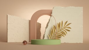 3d render, abstract background with cobble stones, arch, empty podium and tropical leaf isolated on pastel background. Modern minimal showcase scene for product presentation