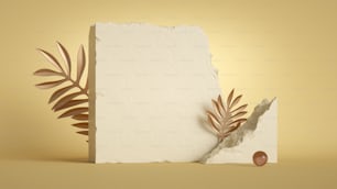 Render 3D, escena abstracta con ruinas de piedra rotas y hojas tropicales decorativas doradas aisladas sobre fondo amarillo pastel. Escaparate minimalista moderno para la presentación del producto