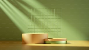 3d render. Minimal abstract geometric background with direct sunlight in shades of green and yellow. Showcase scene with empty pedestal platforms for product presentation
