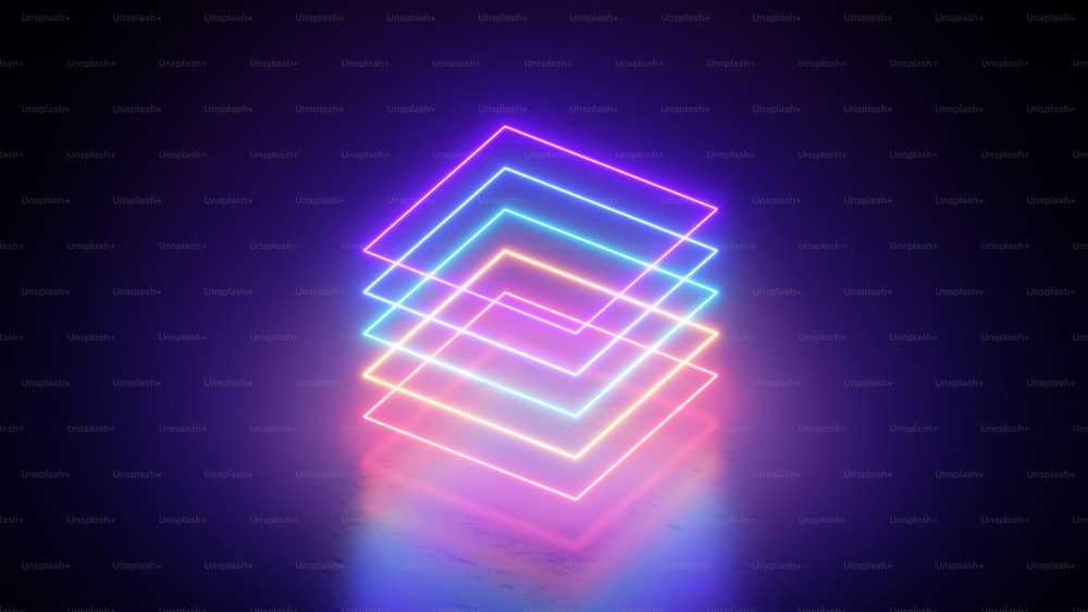 3d render, abstract geometric background with neon squares, colorful glowing lines