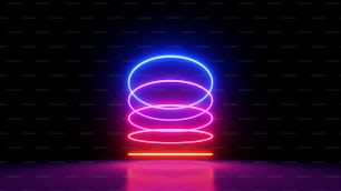 3d render. Abstract background with neon rings, round geometric shapes, colorful spectrum lines glowing in the dark