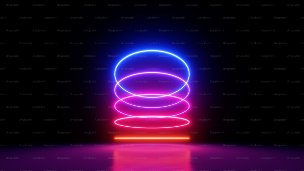 Rendu 3D. Arrière-plan abstrait avec anneaux néon, formes géométriques rondes, lignes de spectre colorées brillant dans l’obscurité