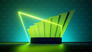 3Dレンダリング、抽象的な緑のネオン背景にリボン、輝く線、空の表彰台。製品プレゼンテーション用のプラットフォームを備えた未来的なショーケース