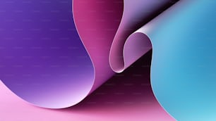 3D-Rendering. Abstrakter violett-rosa-blauer Hintergrund mit Papierrolle, gewellter Bandrand