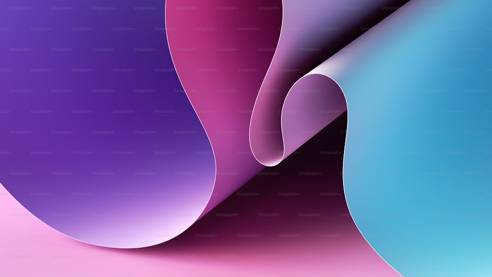 3d render. Abstract violet pink blue background with paper scroll, wavy ribbon edge