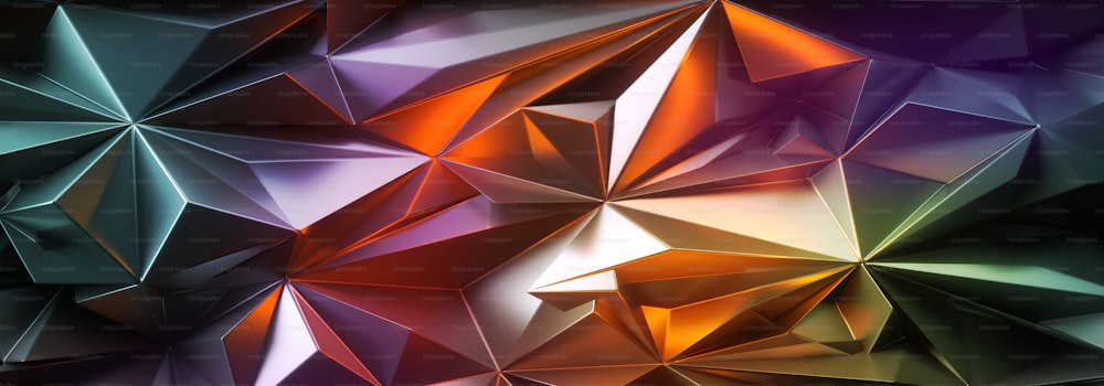 Rendering 3D, sfondo di cristallo astratto illuminato con luce colorata, carta da parati poligonale orizzontale, texture metallica lucida