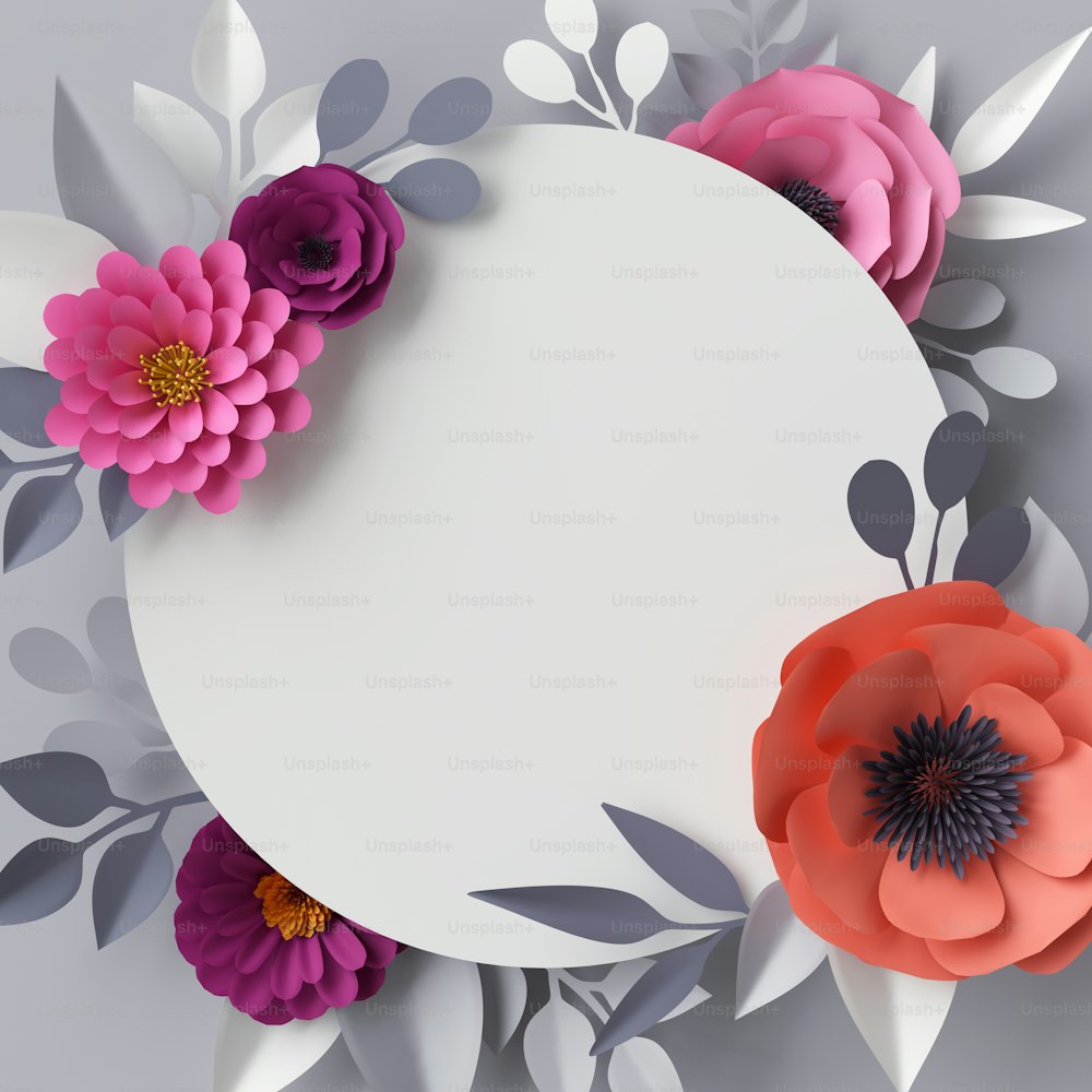 Rendu 3D, fleurs en papier abstrait, fond floral, cadre rond vierge, modèle de carte de vœux
