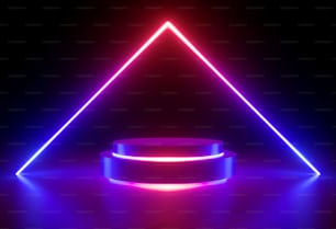 3d render, neon light, glowing lines, ultraviolet, stage, triangular portal, arch, pedestal, virtual reality, abstract background, round portal, arch, red blue spectrum, vibrant colors, laser show