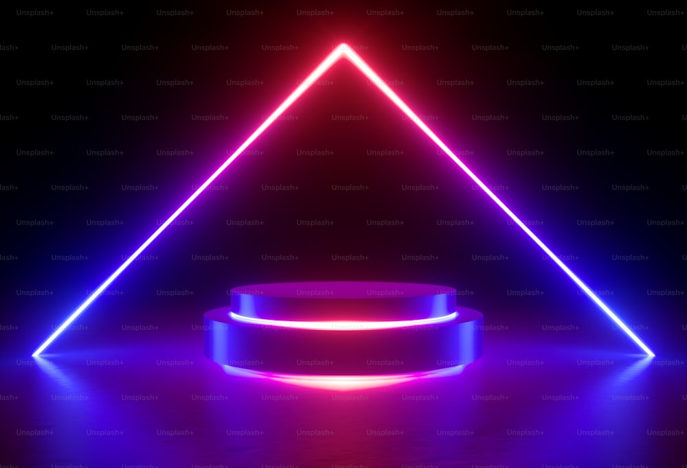 renderização 3d, luz neon, linhas brilhantes, ultravioleta, palco, portal triangular, arco, pedestal, realidade virtual, fundo abstrato, portal redondo, arco, espectro azul vermelho, cores vibrantes, show a laser