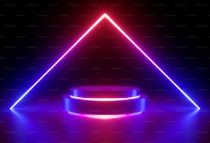 3Dレンダリング、ネオンライト、輝く線、紫外線、ステージ、三角形のポータル、アーチ、台座、バーチャルリアリティ、抽象的な背景、丸いポータル、アーチ、赤青のスペクトル、鮮やかな色、レーザーショー