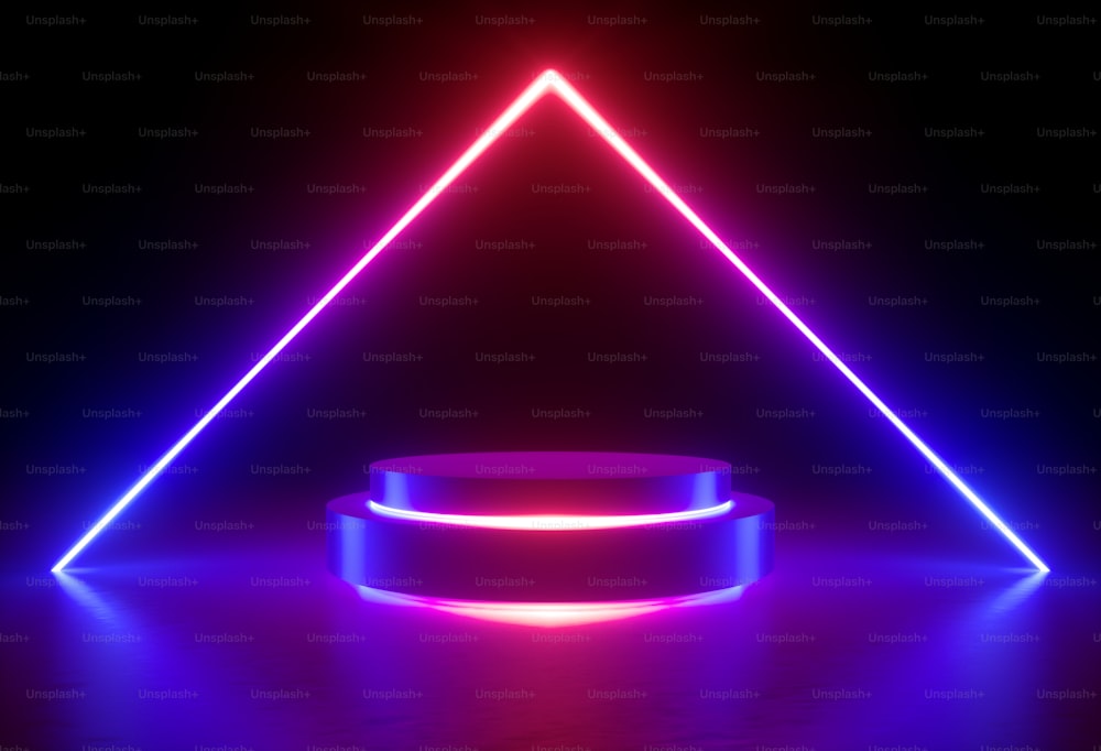 3d render, neon light, glowing lines, ultraviolet, stage, triangular portal, arch, pedestal, virtual reality, abstract background, round portal, arch, red blue spectrum, vibrant colors, laser show