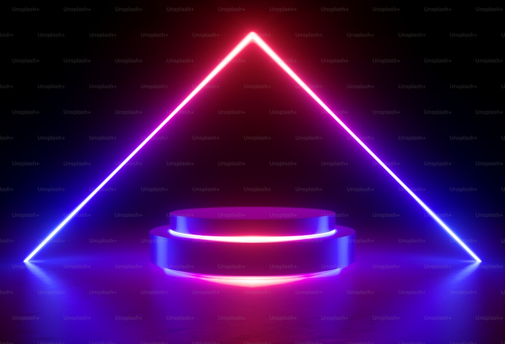 3D-Rendering, Neonlicht, leuchtende Linien, Ultraviolett, Bühne, dreieckiges Portal, Bogen, Sockel, virtuelle Realität, abstrakter Hintergrund, rundes Portal, Bogen, rotes blaues Spektrum, leuchtende Farben, Lasershow