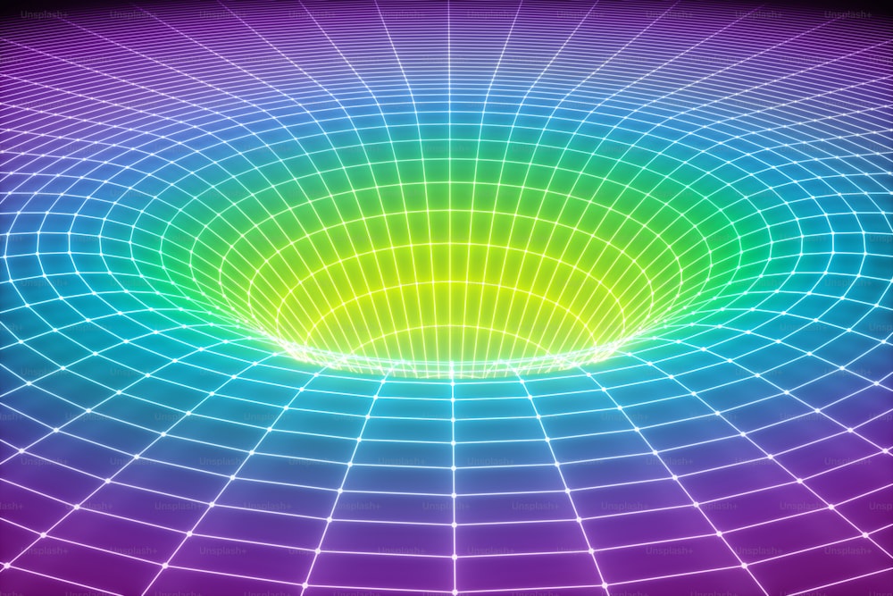 3d render, abstract cosmic background, funnel grid, ultraviolet spectrum, gravity, matter, space, wormhole