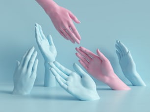 Renderizado 3D, hermosas manos aisladas, partes del cuerpo del maniquí femenino, fondo de moda minimalista, manos que ayudan, bendición, concepto de asociación, colores pastel azul rosa