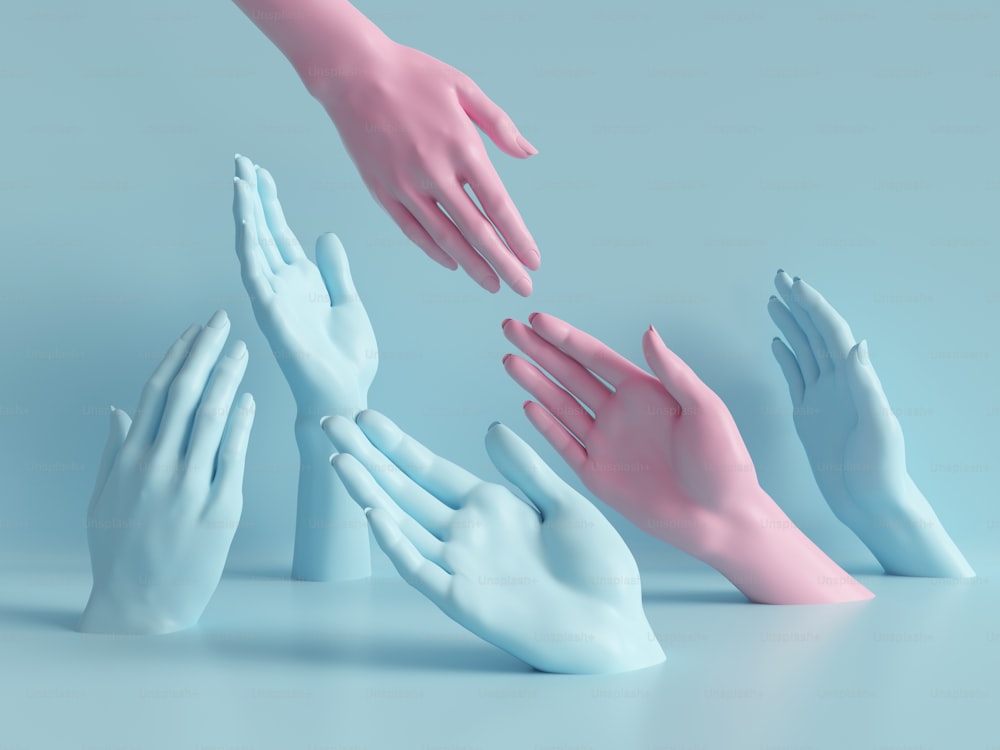 3D-Rendering, schöne Hände isoliert, weibliche Schaufensterpuppen-Körperteile, minimaler Modehintergrund, helfende Hände, Segen, Partnerschaftskonzept, rosablaue Pastellfarben