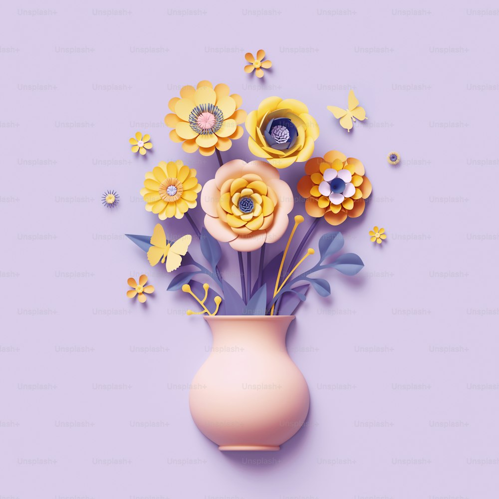 3d render, craft paper flowers inside vase, yellow floral bouquet, botanical arrangement, bright candy colors, nature clip art isolated on violet background, greeting card template