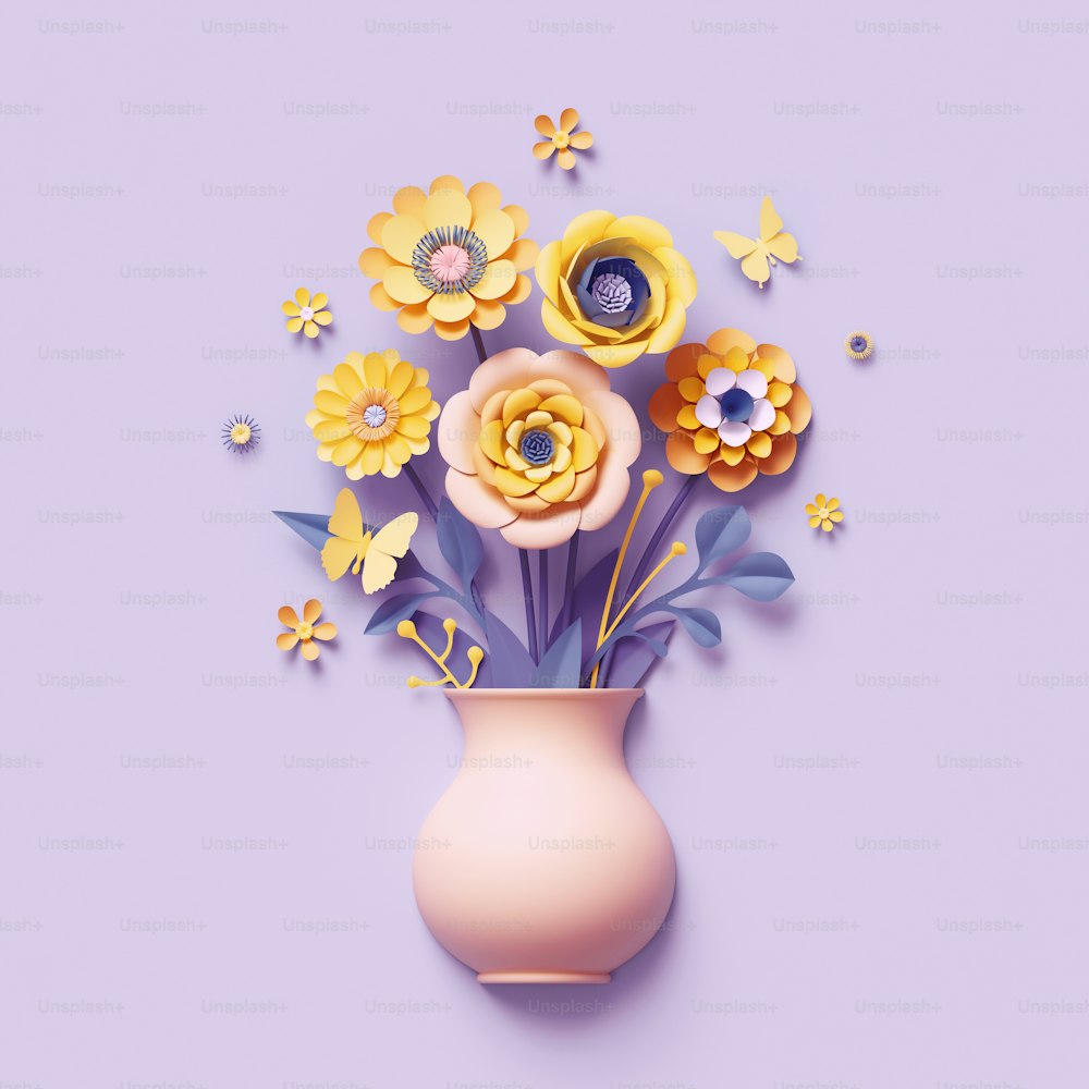3D-Rendering, Basteln von Papierblumen in der Vase, gelber Blumenstrauß, botanisches Arrangement, helle Bonbonfarben, Natur-Clip-Art auf violettem Hintergrund, Grußkartenvorlage