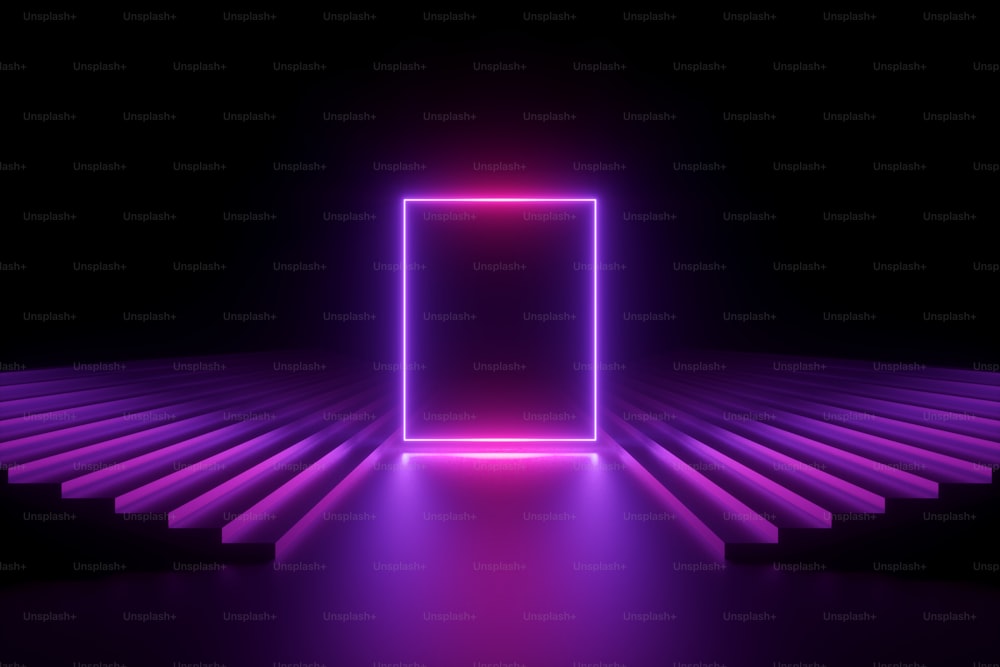 Renderizado 3D, fondo de neón abstracto, escenario de actuación musical, forma rectangular brillante entre escaleras, banner en blanco, espectro ultravioleta, espectáculo de láser violeta rosa