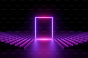 Rendu 3D, fond néon abstrait, scène de performance musicale, forme rectangulaire brillante entre les escaliers, bannière vierge, spectre ultraviolet, spectacle laser violet rose