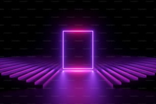 renderização 3d, fundo neon abstrato, palco de performance musical, forma retangular brilhante entre escadas, banner em branco, espectro ultravioleta, show de laser violeta rosa