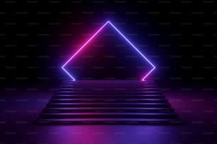 3D-Rendering, abstrakter Neonhintergrund, Musik-Performance-Bühne, leuchtende polygonale Form über Treppen, leeres Banner, ultraviolettes Spektrum, rosa-violette Lasershow