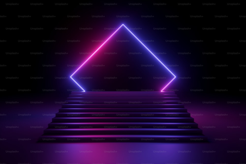 3D-Rendering, abstrakter Neonhintergrund, Musik-Performance-Bühne, leuchtende polygonale Form über Treppen, leeres Banner, ultraviolettes Spektrum, rosa-violette Lasershow