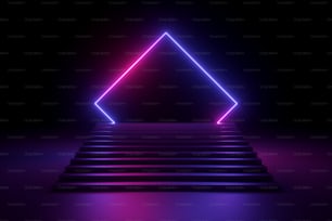 3d render, abstract neon background, music performance stage, glowing polygonal shape over stairs, blank banner, ultraviolet spectrum, pink violet laser show
