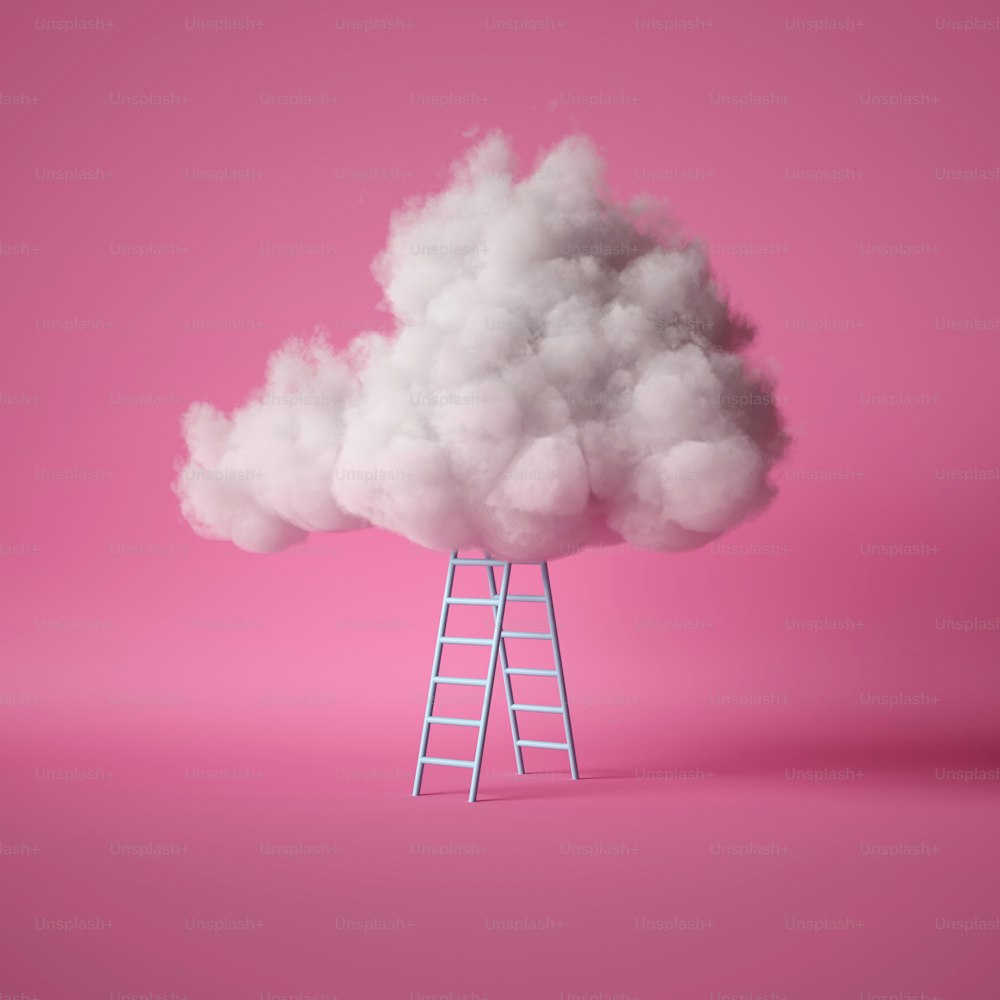 3d render, white fluffy cloud above the blue ladder, isolated on pink background