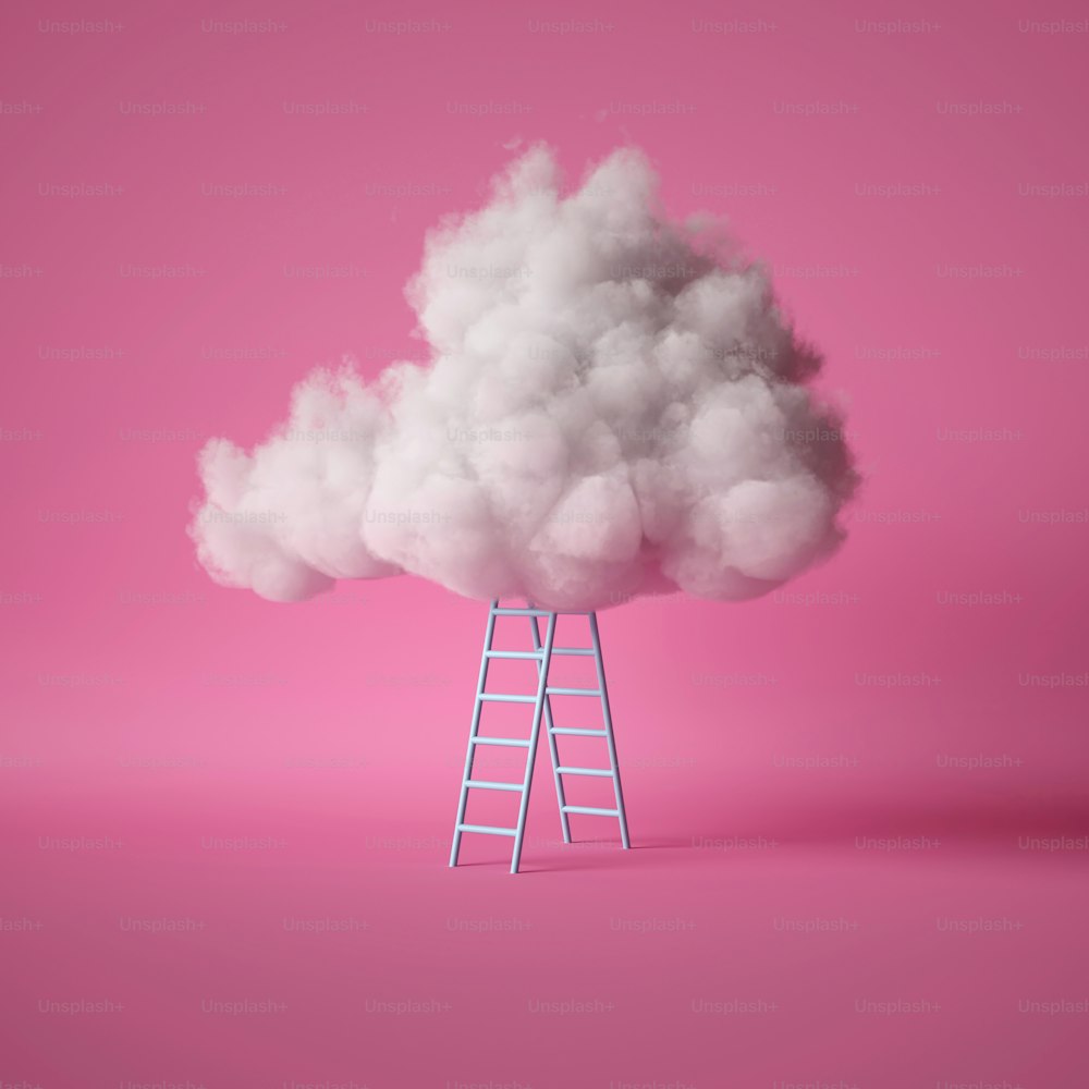 Renderizado 3D, nube blanca y esponjosa sobre la escalera azul, aislada sobre fondo rosa