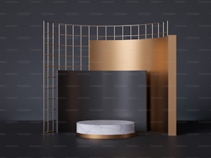 3D-Rendering, weißer Marmorsockel isoliert auf schwarzem Hintergrund, abstraktes minimalistisches Konzept, Zylinderpodium, goldenes Gitter, Leerraum, klares Design, kommerzielle Produktpräsentation, luxuriöses minimalistisches Modell