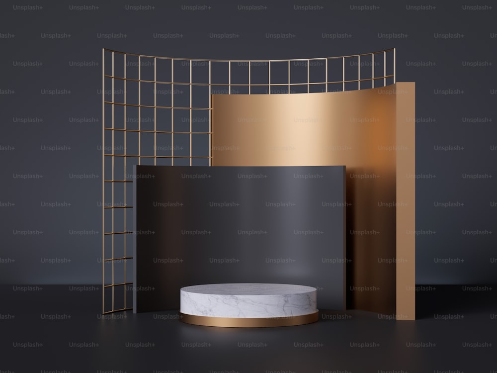 Renderização 3D, pedestal de mármore branco isolado no fundo preto, conceito minimalista abstrato, pódio do cilindro, grade dourada, espaço em branco, design limpo, vitrine de produto comercial, maquete minimalista de luxo