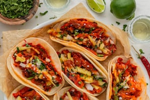 a plate of tacos with salsa and limes